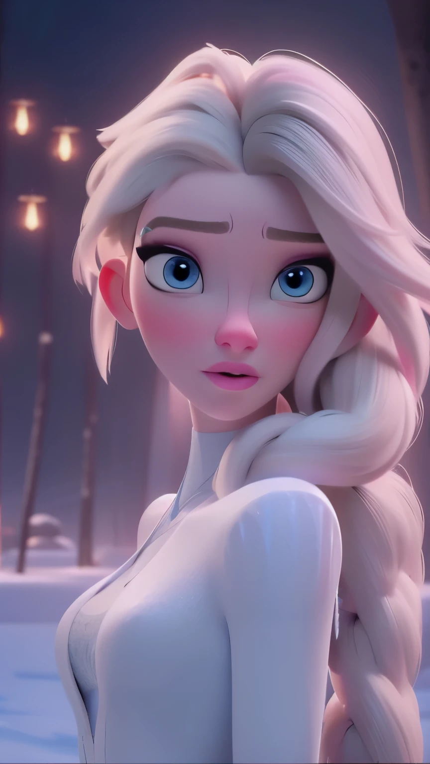 Elsa, (perky breasts), (((small breasts))), smirk:1.2, beautiful blue eyes, (perfect iris’s), depth of colour to her eyes, blonde hair, long hair, braid, full lips, blush, naked, she is showing her vagina, depth of field, bokeh, (special attention to skin detail: 1.2), masterpiece, best quality, ultra-detailed, ultra-HD, photorealistic, cinematic, ((mid camera shot)), sensual pose, alluring, nipples:1.4, looking up at camera, closeup on her face, her cheeks are blushed, 2, she is on her knees, eye contact:1.4, high angle:1.5, ((closeup on face)), perfect face, (((visible breasts))) bokeh everything other than her perfect face, location is Arendelle in winter, ice castle
