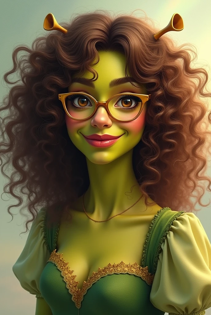 Brunetette, curly frizzy curly hair, eyes browns, drawn lips, wearing golden glasses dressed as fiona