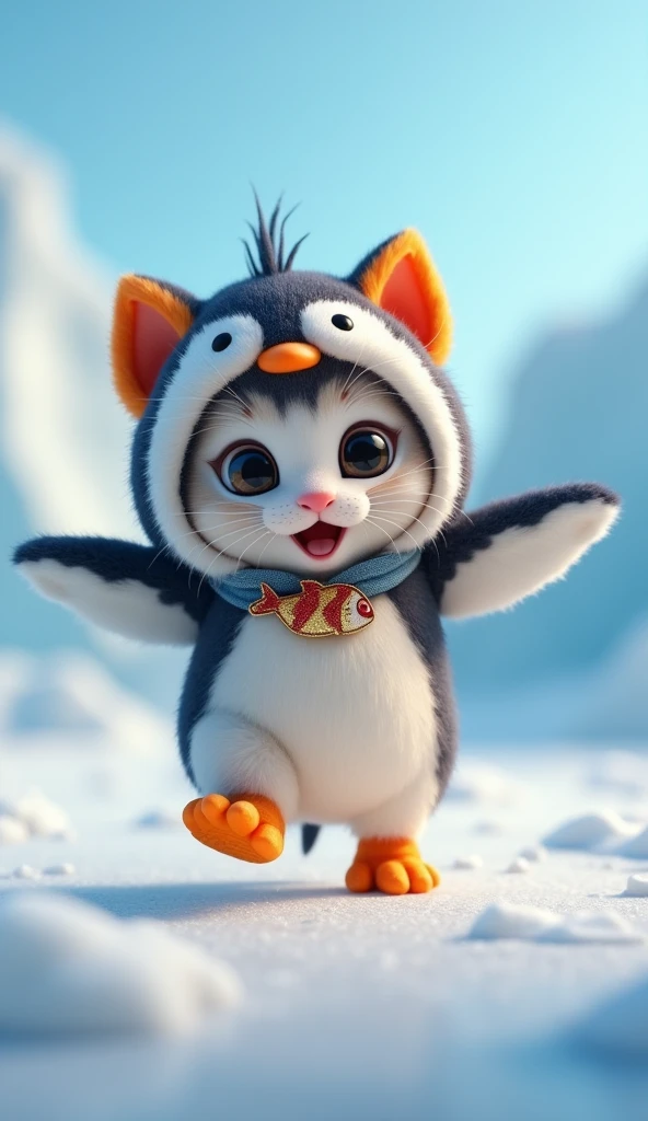 3D cute baby kitten,Wearing a happy penguin costume、running、A masterpiece on the ice of Antarctica, Background Blur, Top quality belt with fish decoration, 