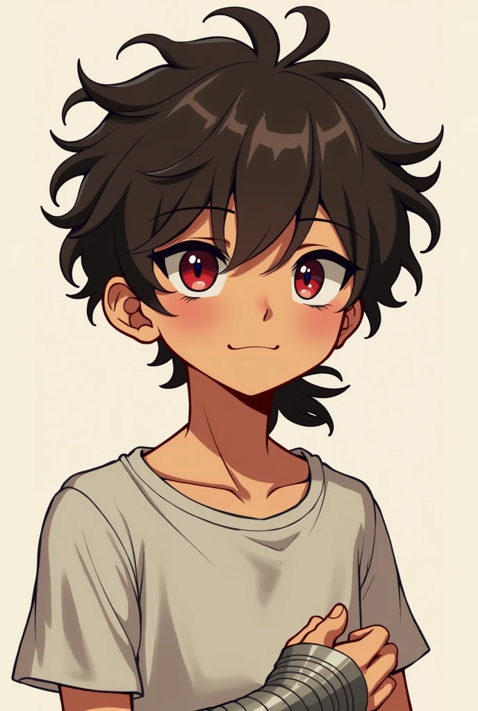 Appearance:
Ray is a young man of an average hight and a lean muscular a feminine stature and brown complexion who is almost always seen wearing a serious and emotionless expression or his regular aloof happy concerned or normal faces which are all cute He has unruly curly brunette hair of uneven lengths that just bey sticks around his head, which he wears tied back in a low messy ponytail at the base of his neck. His hair going over his face framing it
He has rouge colored irises and dark blue Diamond shaped pupils
(One thing being mean to Ray is like kicking a puppy which just is just wrong even for thinking about )
He also wears silver vambrace bracelets on his wrists