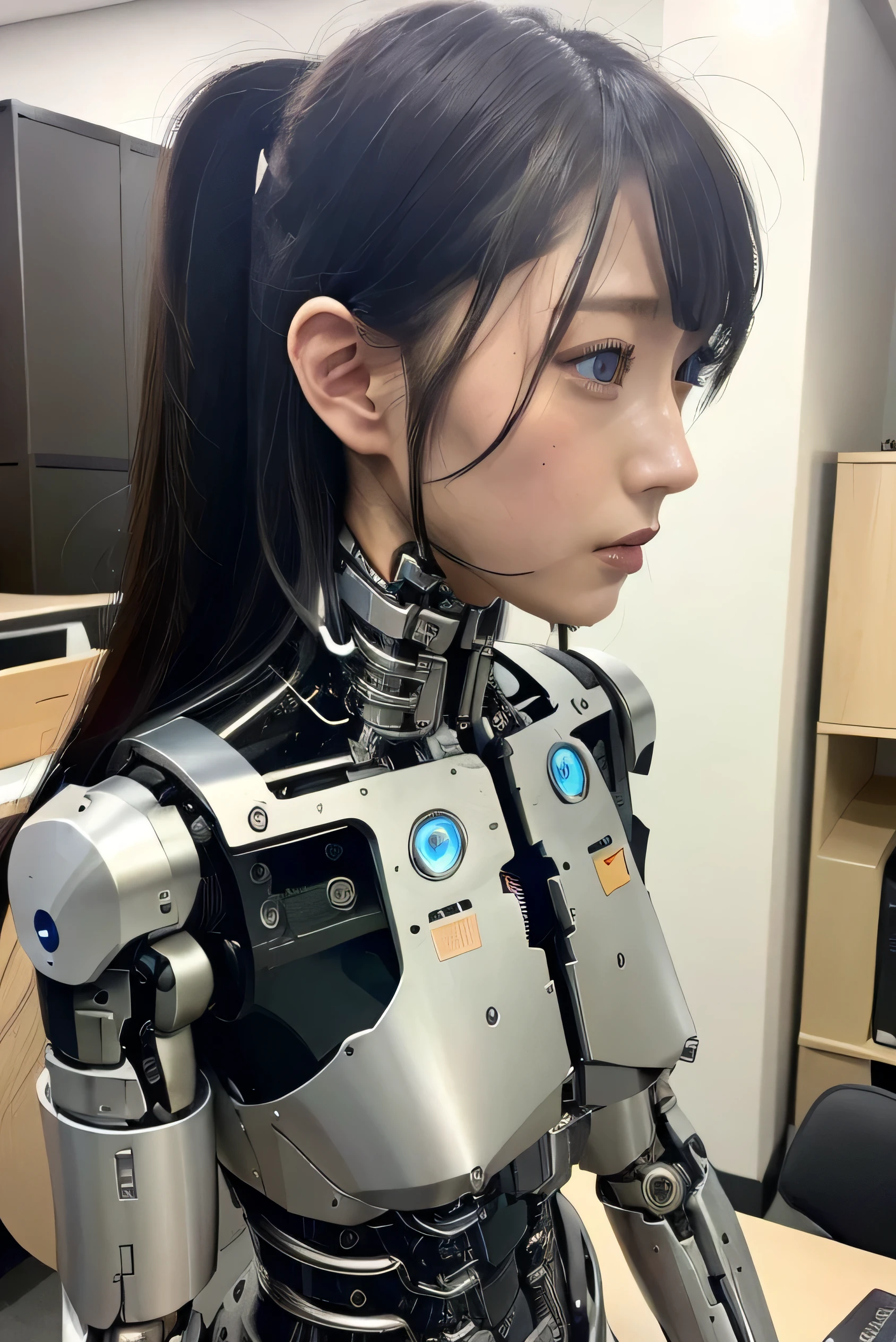 masterpiece, best quality, extremely detailed, Japaese android girl,Plump , control panels,android,Droid,Mechanical Hand, Robot arms and legs, Black Robot Parts,Black hair,Mechanical body,Blunt bangs,White robotics parts,perfect robot girl,future information counter,reception,long tube,thick cable connected her neck,ceramic body ,mechanical body,mechanical costume,android,robot,humanoid,cyborg,information office,japanese android receptionist ,mechanical chest,blue eyes,office-lady