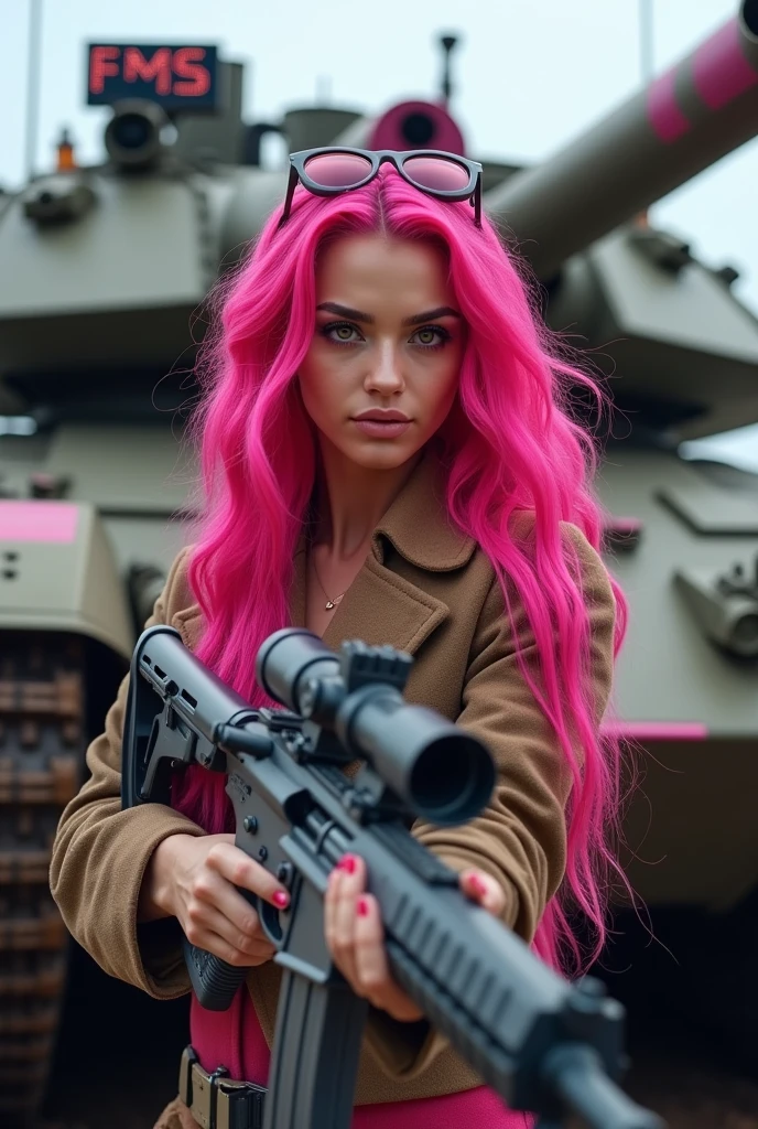 1 with an exuberant beauty, longye hair, bright pink wavy hair, with a rifle in his hand and looking at the viewer with piercing eyes. in the background there is a huge war tank with tracked wheels and some pink details, the tank has a light sign that says “FMS”