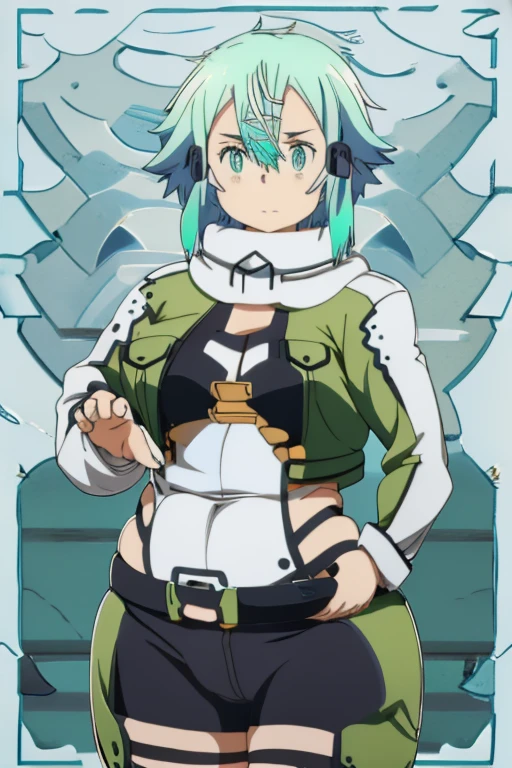 a close up image of an anime girl, (EPsoaSinon), ((ssbbw)), chubby, extremely detailed face, stares at the viewer, (very large breasts), (thick thighs), (((very tight outfit))), simple background,