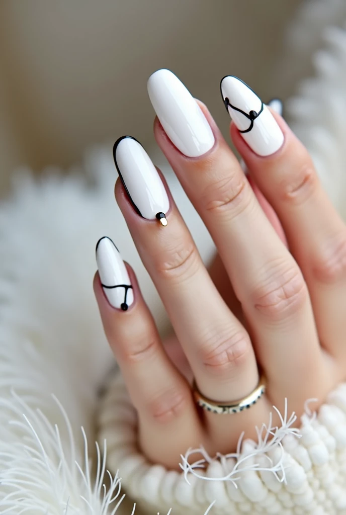 White Gel Nails, 1cm Long, Squoval, decentered black decorative lacquer edging 