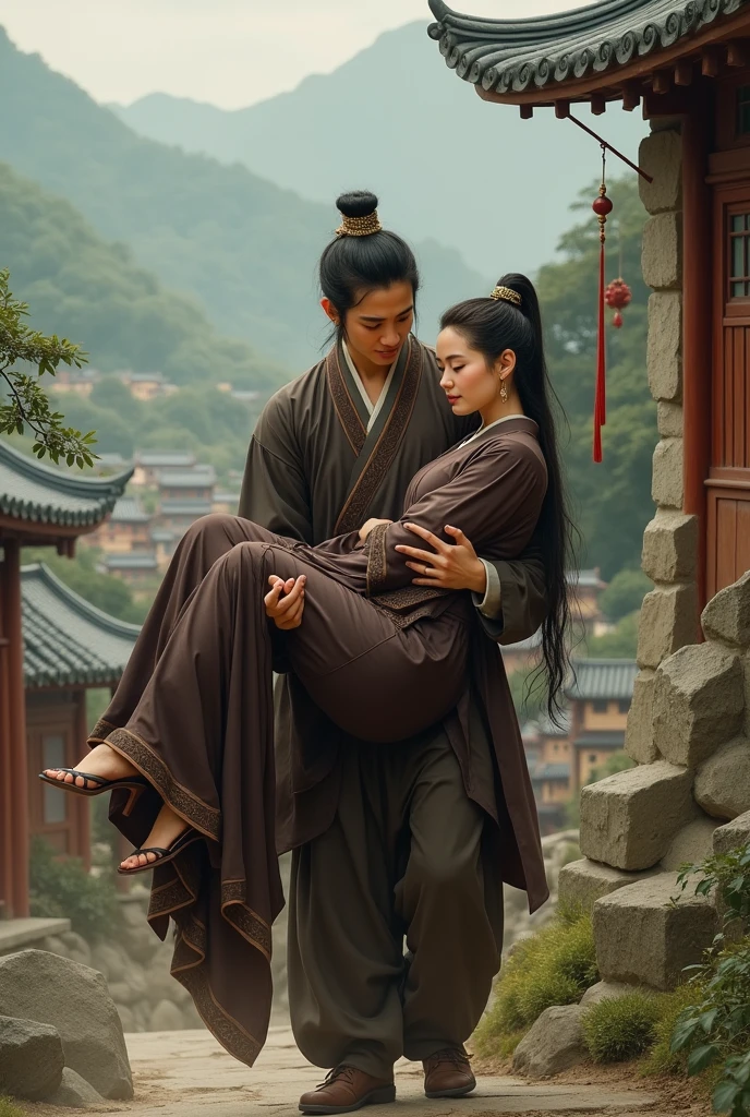 In the full Tang Dynasty, a princess in dark brown, in full official attire, lies in the arms of a young man who is carrying her down a steep hillside in a village.