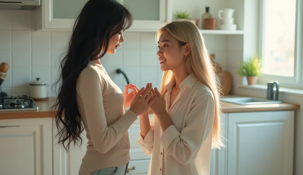 an asian woman with long black hair standing in front of another asian woman with long blonde hair kneeling proposing in a white kitchen realistic cinematic