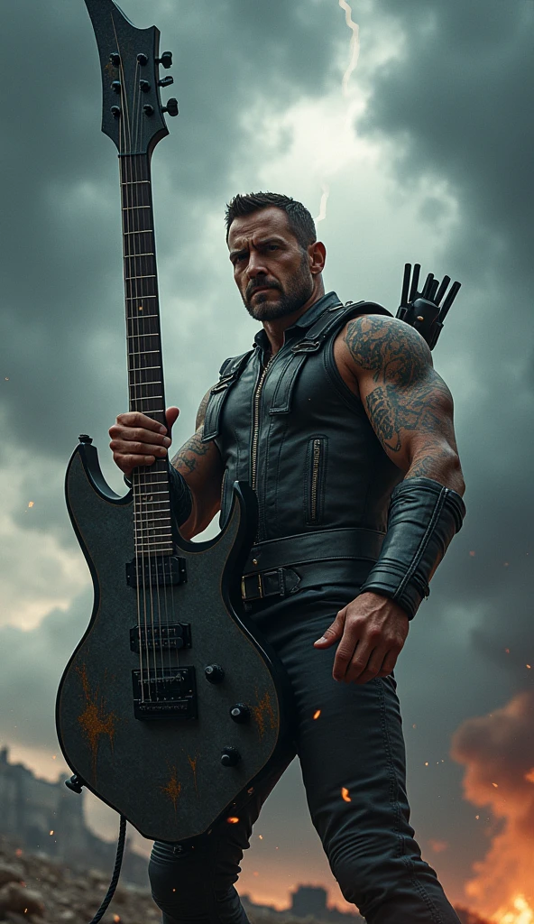 Rock Hawkeye marvel with hammer shaped guitar with thunder in the background and a very rock vibes.