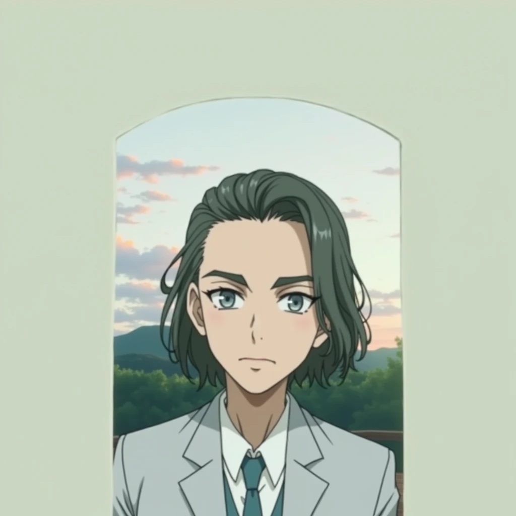 anime character, masculine, 1.87 height, dull crystal blue eye color, cold expression, wearing a suit and looking forward, very realistic, Medium long, slicked back dark honey colored hair, background behind him a beautiful sunset, Your fractions should have a slight feminine touch, that can be seen from the waist up and that is physically strong 