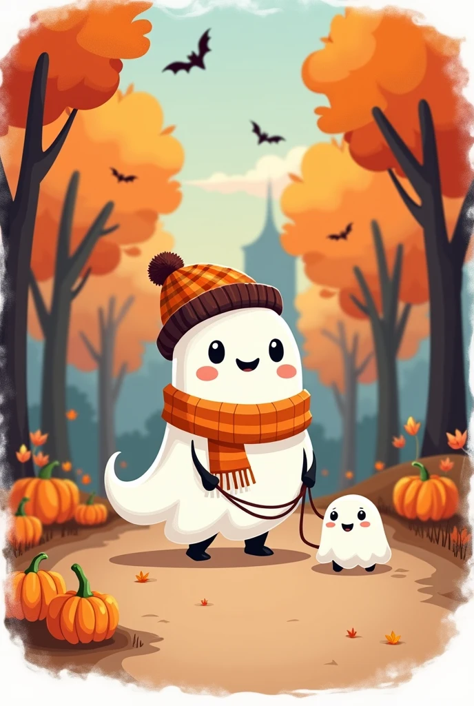 "Member badge. Theme: Cute Halloween, featuring a charming ghost wearing a warm hat and scarf, walking a tiny ghost dog on a leash through an autumn park. Leave a blank space for the name or insignia."