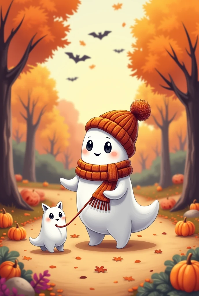 "Member badge. Theme: Cute Halloween, featuring a charming ghost wearing a warm hat and scarf, walking a tiny ghost dog on a leash through an autumn park. Leave a blank space for the name or insignia."
