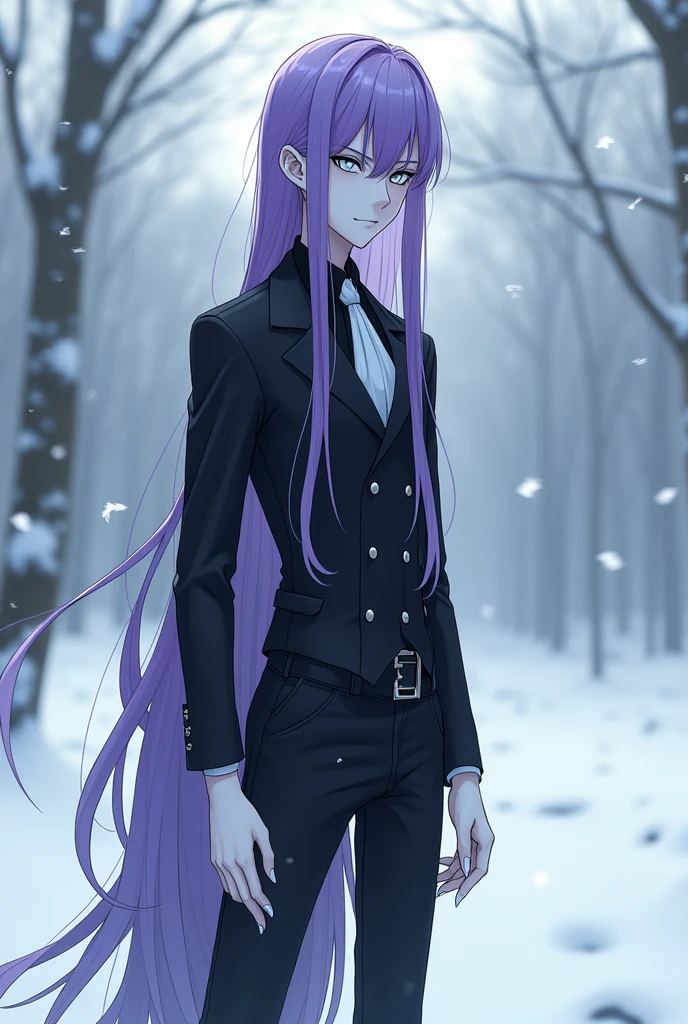 tall anime boy,floor length purple hair,middle musculature,Pale skin,completely white eyes,black eyebrows,white eyelashes,western style clothing,sharp teeth,snowy background