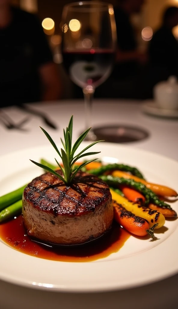 A beautifully plated dinner at a stylish, dimly lit restaurant. The dish features a perfectly cooked steak, medium rare, with a slight char on the outside, and a juicy, pink center. The steak is garnished with a sprig of fresh rosemary and a light drizzle of a rich, dark sauce. On the side, there are grilled vegetables, including vibrant green asparagus, lightly charred bell peppers, and caramelized baby carrots, all arranged neatly on a sleek, modern white plate. The table setting is elegant, with a glass of red wine slightly blurred in the background, adding a touch of sophistication to the scene