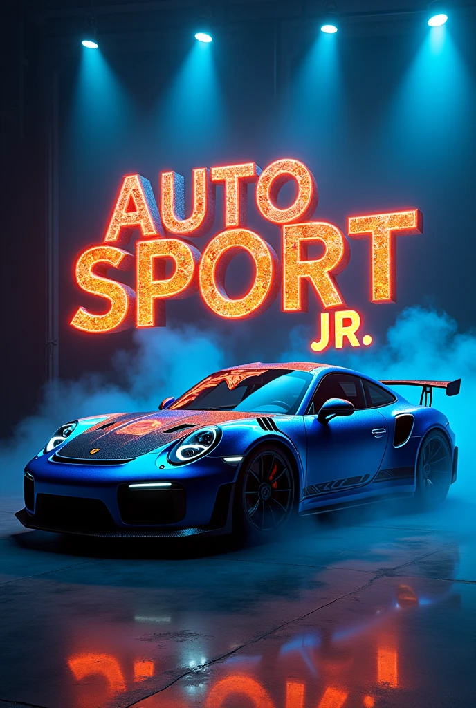 A luxury car, a blue and black Porsche.
That the title is Auto Sport JR That the title is made of fire and decorated like something mechanical that has blue and black smoke coming out in the background.
that all this is in a room with lights from below add the jr and the o&#39;s of the title make tire textures 

