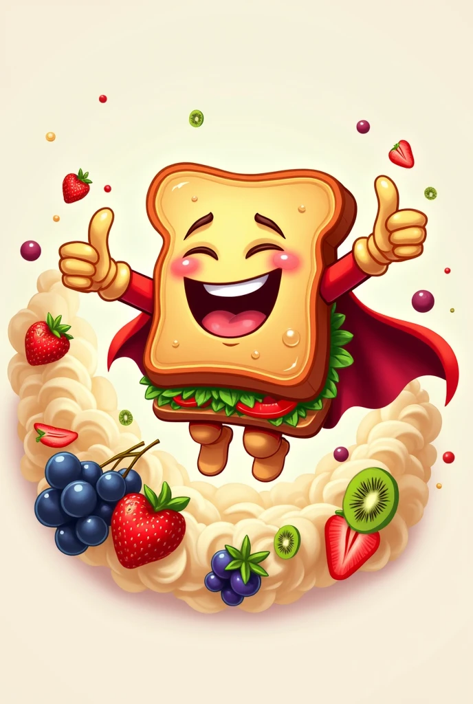 make me a logo for a fruit sandwich with cream where the sandwich is flying like Superman but there is no Superman logo Behind the sandwich there is cream and fruit such as strawberries, grapes and kiwi the sandwich is flying has hands and feet cream and fruit on the back of the sandwich there's a lot of cream create a logo