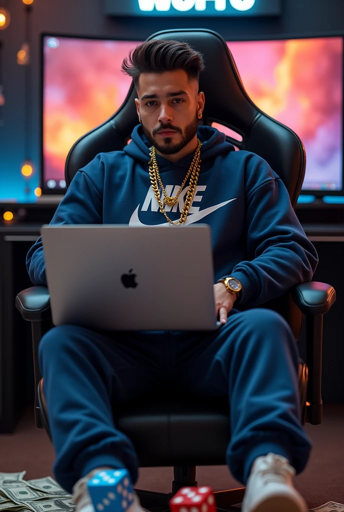 high resolution, ultra detaild), (cinematic), (ultra HD), seen from the front Alone, nike tracksuit light skin tone outfit set tracksuit gucci,gold chain on neck , goatee on the chin and beard,sitting gamer chair macbook on lap, in the background a curved screen monitor,, 2 dice on the floor, one blue and one red, a lot of money on the floor, de casino,