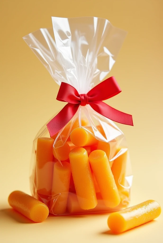 A small bag of tubular guava candies in a plastic bag tied at the corner with a red bow