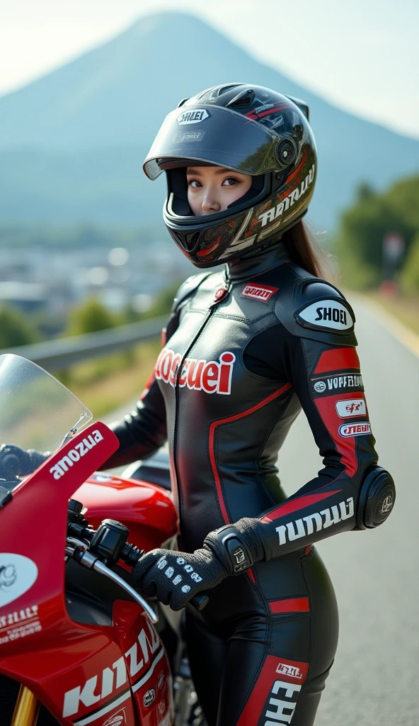 realistic, cinematic scene, very beautiful Japanese high school girl, standing next to the racing motorcycle, at scenic driveway, amazing view of mountain with metropolitan at the valley, dramatic scene, masterpiece, (face focus:1.3), clear helmet visor, beautiful eyes, Honda CBR600RR, stylish patterned Shoei helmet, (wearing leather suits for motorcycle race with many sponsor's logos), (shoot from behind:1.3), beautiful and sexy hip line, smile, full body