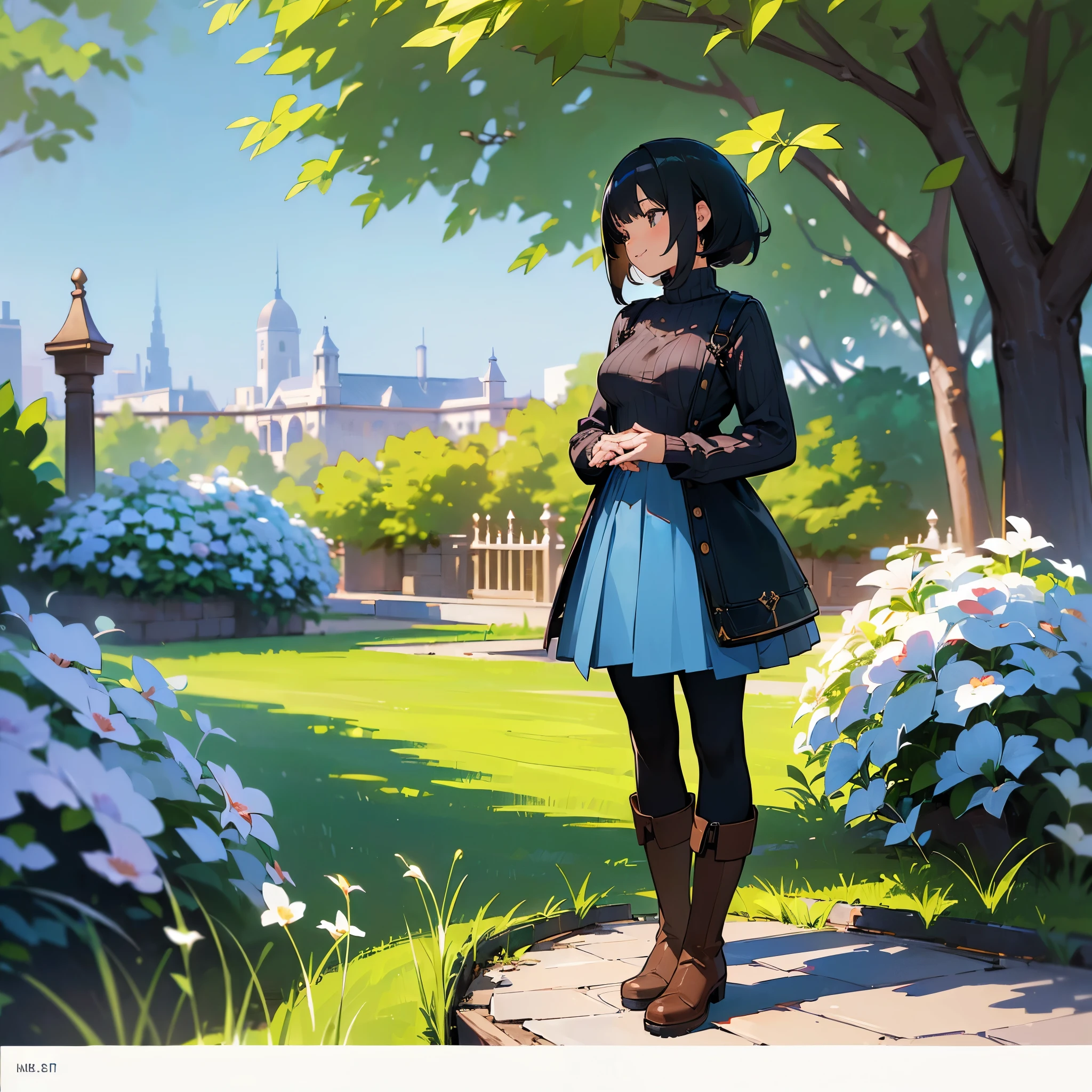 (high quality, High resolution, Very detailed, reality:1.37), Peaceful atmosphere, (Outdoor, garden), girl standing alone, (my breasts are big.), Beautiful details, Cute Smile, (Black bob hair), Ribbed sweater, Blue Skirt, Black tights, Brown boots.