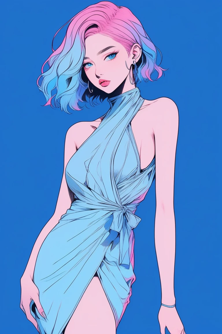 Illustrator, anime , Realistic ,sketch , 1 person, model, 20-year-old, lip, A wrap dress that shows off your body lines, order, Blue gradient background, Neon Hair, Are standing, Sexy pose, Texture Trim, Canadian, (masterpiece,Highest quality) cancer