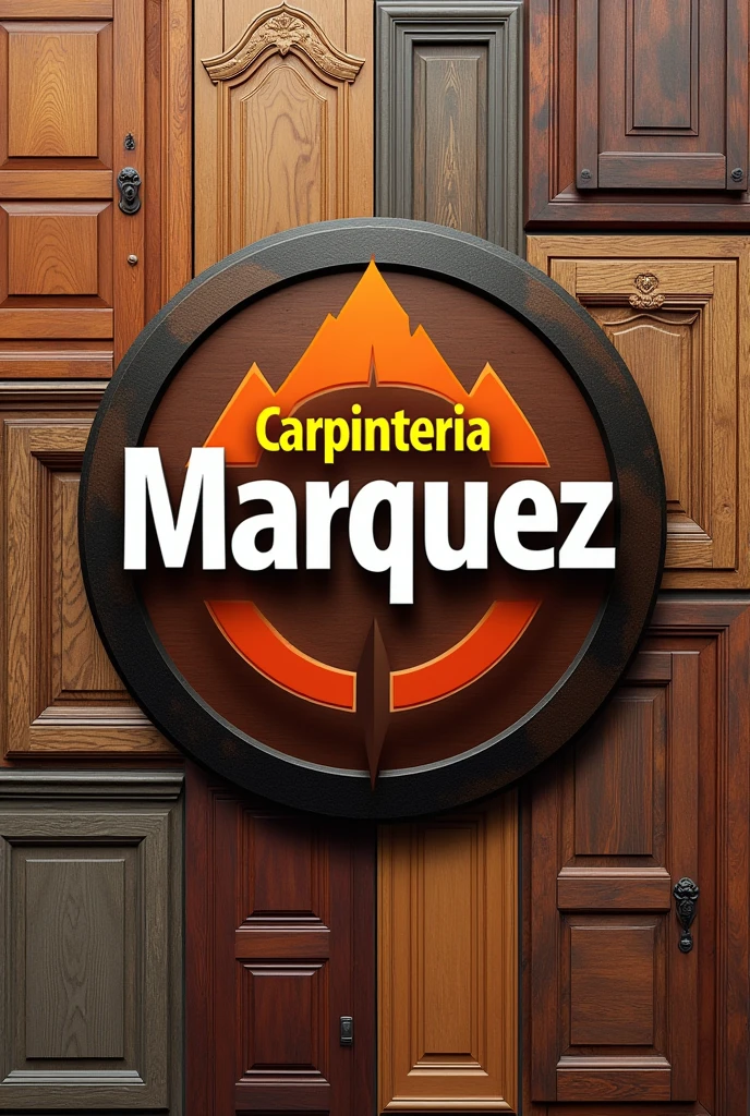 MODERN LOGO FOR A CARPENTRY SHOP WITH A EYE-CATCHING BACKGROUND THAT HAS IMAGES OF DOORS AND WOOD WITH THE NAME CARPINTERIA MARQUEZ 

