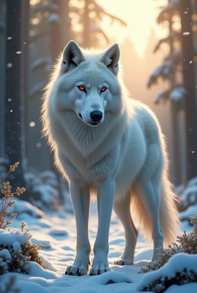 white wolf, Eyes red, forest with little snow and sunlight in the background