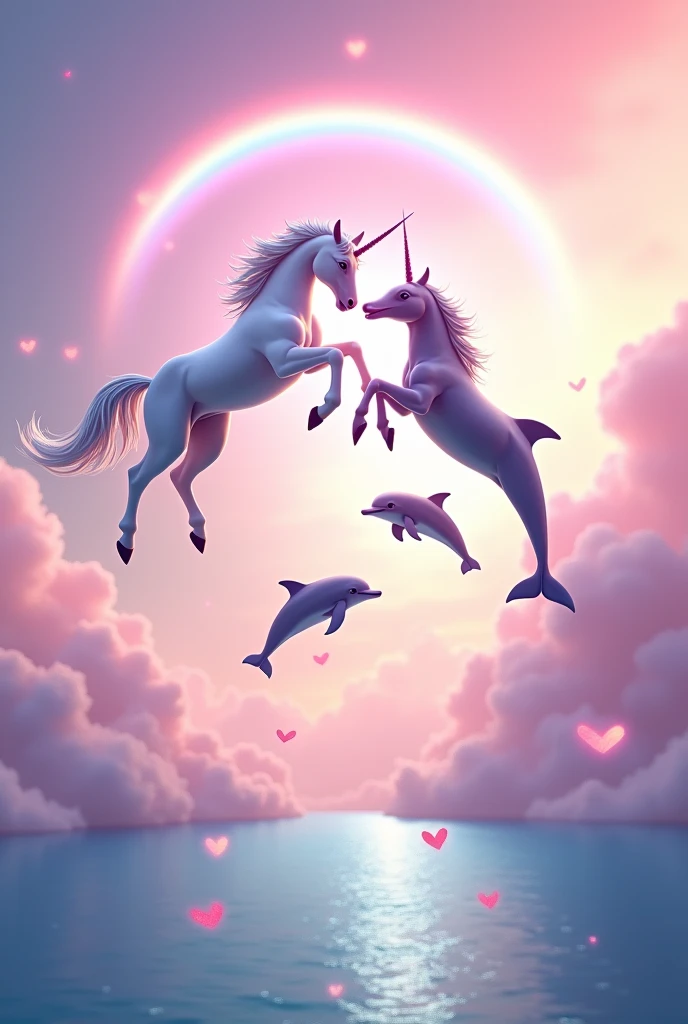 
A unicorn jumping in the air but seen from the side and the dolphins are also jumping in the air with the pink sky and the sea and with a rainbow and hearts