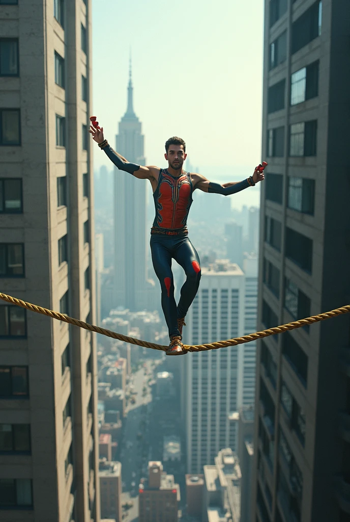 A man crossing from one building to another on a rope like a juggler
