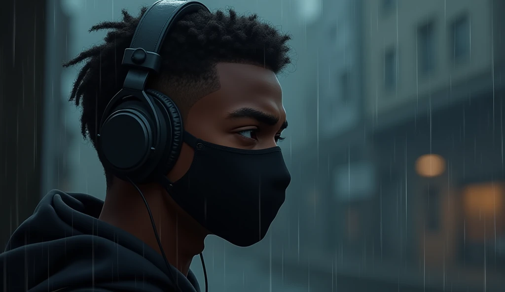 a 20 year old black man, thick eyebrows,side shaved hair, rolled over,wearing a black mask that covers the nose and mouth, wearing a headphone on your head,com um semblantis sad, in the profile position, Um close no rosto do garoto ,a dark environment, rainny, is sad , 4k image drawing