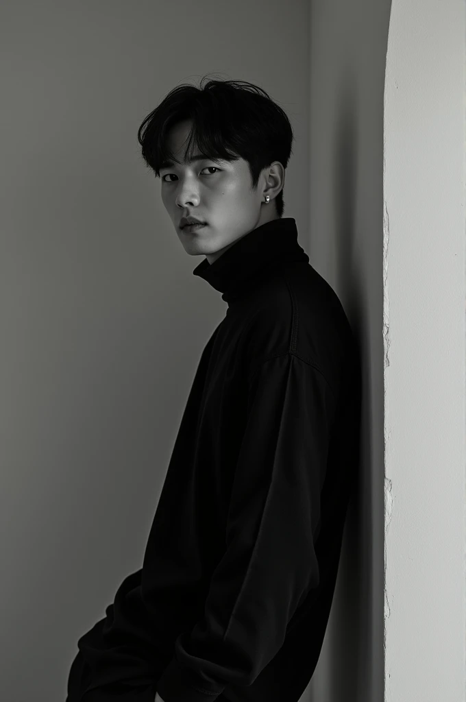 A white man in a black shirt leans against a wall., Official product pictures, Bad Ulzzang, long-sleeved shirts, Inspiration from Zhang Han, Inspired by Jeon Seok Lee, ( Black ivory ), black and white, long-sleeved shirt, Chai Sukun,