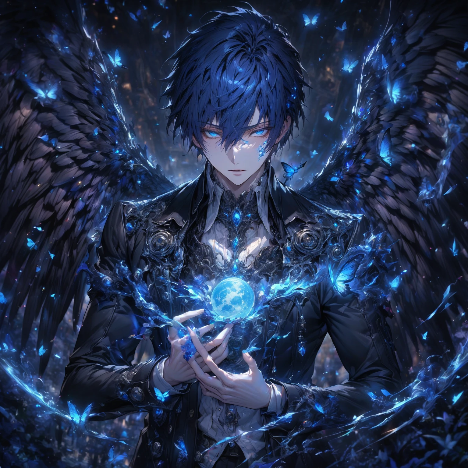 absurdres, highres, ultra detailed, HDR, masterpiece, extremely detailed face and eyes, perfect face, Yuki Makoto, dark blue hair, expressive blue eyes, persona 3, solo, sexy man, handsome, mature man, adult face, white shirt, black jacket, blue moon, blue butterflies, magical, fantasy, glittering, blue dust, black angel wings
