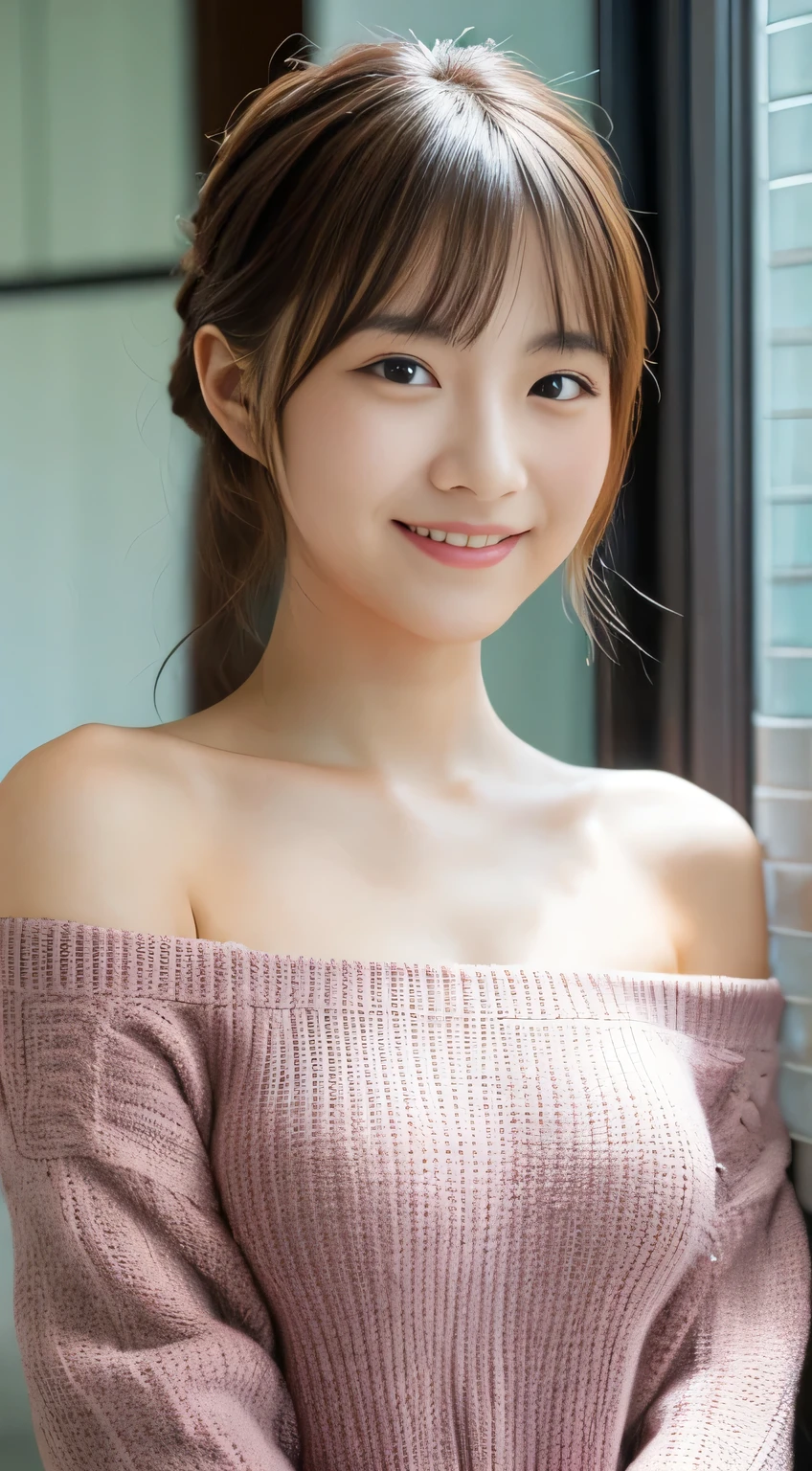 masterpiece,best quality,(Japanese girl),((Beautiful girl)),cleavage,(off shoulder:1.2),(perfect body beauty:1.2),(shy smile),From slightly above