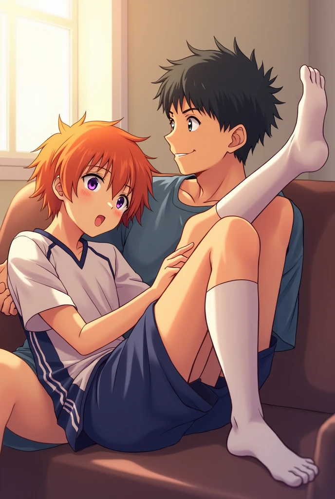 A side view of Kageyama from Haikyuu sitting on a couch, with Shoyo Hinata lying stretched out on the couch, his feet resting on Kageyama's stomach. Kageyama is gently holding Hinata's ankles. Hinata is wearing his Karasuno High School volleyball uniform and white socks that reach his ankles. His eyes, a deep, hypnotic violet, like amethysts, suggest he is under a trance. His gaze is directed towards the ceiling, as if unaware of Kageyama's presence. His signature orange hair is slightly tousled. Kageyama, slightly older, gazes down at Hinata's feet with a knowing smile, as if sharing a secret. The scene is bathed in soft, warm light, creating a peaceful and intimate atmosphere. The artwork should be in the style of the Haikyuu anime, with vibrant colors, dynamic lines, and expressive characters.