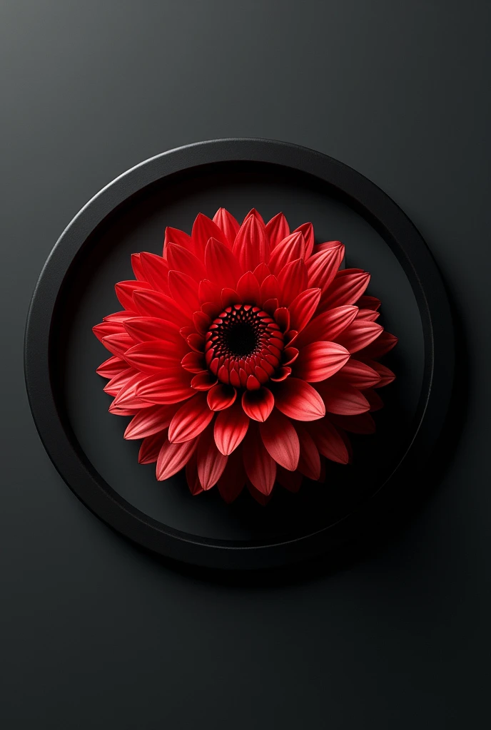 black enso circle with a red Gomphrena globosa in the center