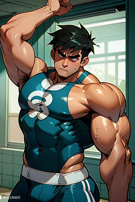 Danny Fenton from Danny Phantom animated series as a big dumb teenage muscular bodybuilder jock in a locker room flexing and staring blankly with mouth gaping open as his eyes glow under hypnosis as he repeats, "Bigger... Dumber.... Must obey.... More like a jock bro every day.... Yes, Coach. I obey. Huhuhuhuh.... Sweaty brutes must obey.... Sweaty brutes do what you say.... Big ... sweaty ... musky jock bro.... The muscles must grow. The old smarts must go.... Recruit the nerds and watch them grow. Make them like us, ... more big dumb jock bros. Huhuhuh.... We will grow. We will spread. We will make more dumb jocks.... We will grow... We will spread... We will make more dumb jocks.... We will grow. We will spread. We will make more dumb jocks.... Assimilate.... Grow.... Transform.... Become.... Convert.... Be a dumb jock...." in deep mindless emotionless voice with fellow hypnotized jocks to forget about catching ghosts and focus instead on training his body and obeying his coach. Mouth dropped open. Hyper swollen bulging crotch. Hyper muscles. Toned muscles. 5% body fat. Steam rising from armpits and shoulders. Big biceps. Big triceps. Broad shoulders. Big traps. Big lats. Big meaty pecs. Massive deltoids. Six-pack abs. Spherical glutes. Brainwashing. Hypnosis. Hypnotized. Bro. IQ drain. Dumber and dumber. Meathead. Musclehead. Mindless. Hypno. Mind control. Brain drain. Entranced. Brute. Brutification. Brain drain. brainwashed. brainwash. Meathead jock bro assimilation. Mindless. Brainless. Empty stare. Hairy pecs. Hairy armpits. Treasure trail.