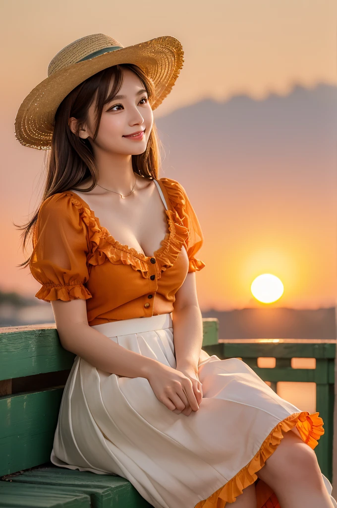 (((1若いVery detailed美しい顔))) (((Natural Makeup))),Amazing face and the best quality:1.4), (Ultra-detailed), (Very detailed CG 統合 8k 壁紙), Very detailed,3, High resolution raw color photos, Professional photography, Realistic portraits, Great face and eyes, Brown eyes,(((Straight medium brown hair))), model, Depth of written boundary,,sit,smile,,(Cleavage),3,,(((Warm Orange Sunset Background))),(((Green frilly blouse))),(((White long skirt))),(Straw hat)