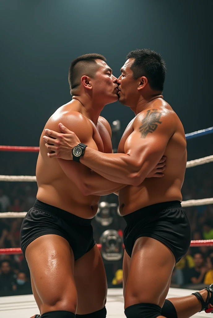 A young Japanese professional wrestler A and a senior Japanese professional wrestler B are in the ring.。They are on the same team。
A is buzzcut and muscular、Wearing short tights。Sweaty。
B is short-haired, muscular, and dark-skinned、Wearing short tights。
A and B kneel in the ring, embrace each other, kiss and celebrate their victory. Fujifilm, look up,