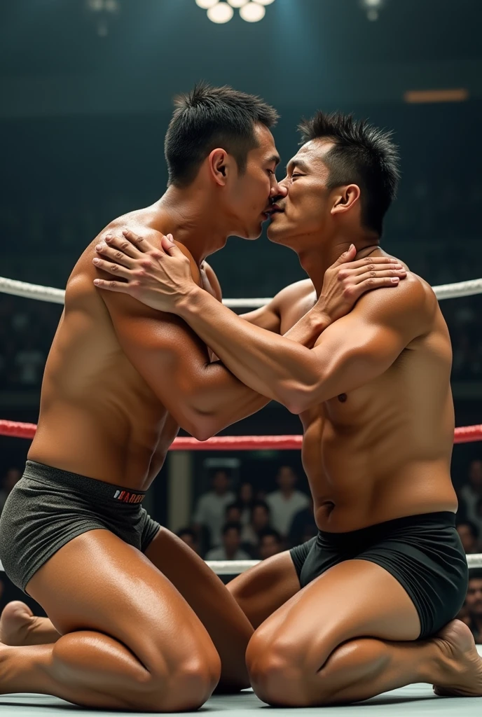 A young Japanese professional wrestler A and a senior Japanese professional wrestler B are in the ring.。They are on the same team。
A is buzzcut and muscular、Wearing short tights。Sweaty。
B is short-haired, muscular, and dark-skinned、Wearing short tights。
A and B kneel in the ring, embrace each other, kiss and celebrate their victory. Fujifilm, look up, 