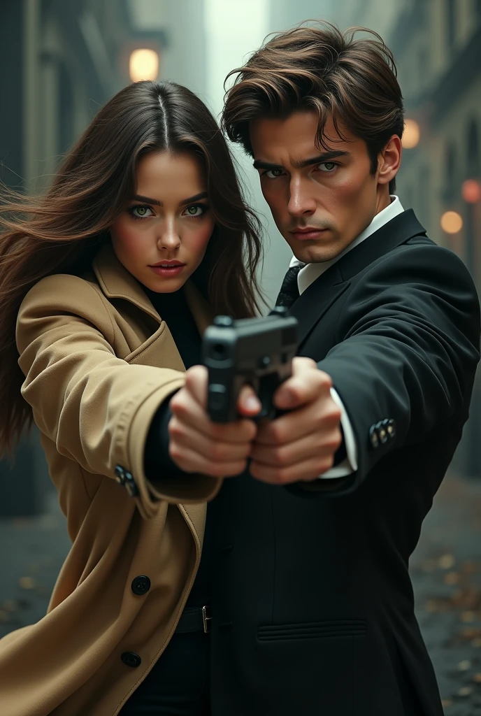 Gorgeous Man, offwhite, brown hair slicked back, mobster, serious look, black leagwear, with gun in hand,  next to a young man in his 20s, innocent looking, soft expression, Very beauthful.