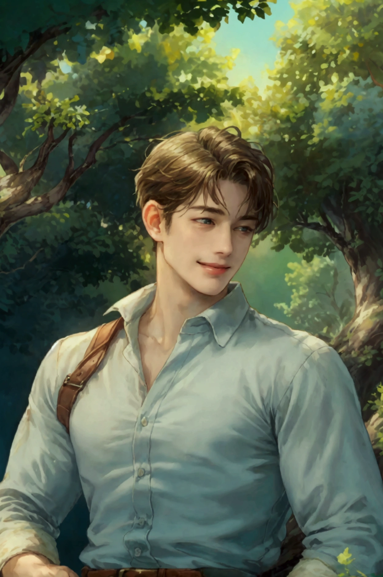 masterpiece, best quality, 1man, adult, male focus, solo, short hair, farmer outfit, extremely detailed summer background from the farm, smiling face, subtle muscles, sexy