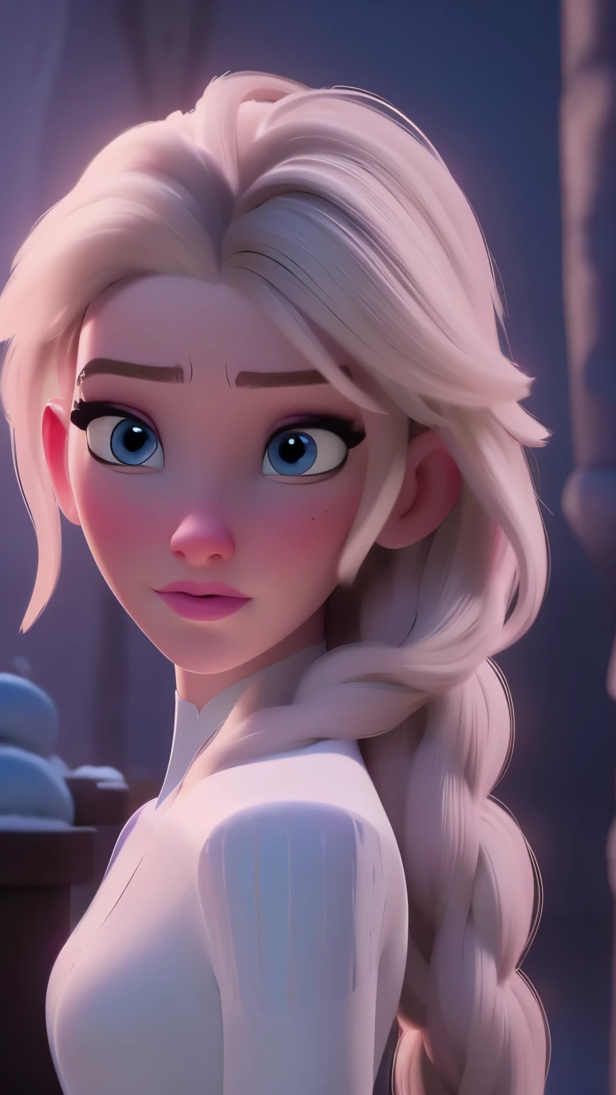 Elsa, (perky breasts), (((small breasts))), smirk:1.2, beautiful blue eyes, (perfect iris’s), depth of colour to her eyes, blonde hair, long hair, braid, full lips, blush, naked, she is showing her vagina, depth of field, bokeh, (special attention to skin detail: 1.2), masterpiece, best quality, ultra-detailed, ultra-HD, photorealistic, cinematic, ((mid camera shot)), sensual pose, alluring, nipples:1.4, looking up at camera, closeup on her face, her cheeks are blushed, 2, she is on her knees, eye contact:1.4, high angle:1.5, ((closeup on face)), perfect face, (((visible breasts))) bokeh everything other than her perfect face, location is Arendelle in winter, ice castle