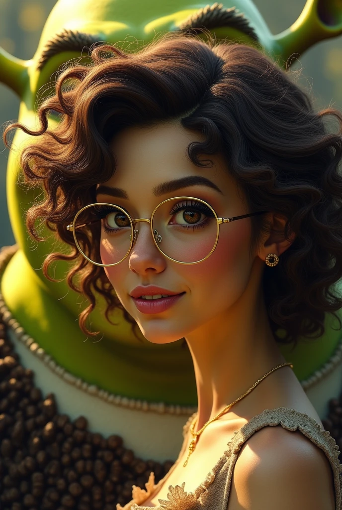 Brunetette, curly frizzy curly hair, eyes browns, drawn lips, wearing golden glasses, com o shrek dream works