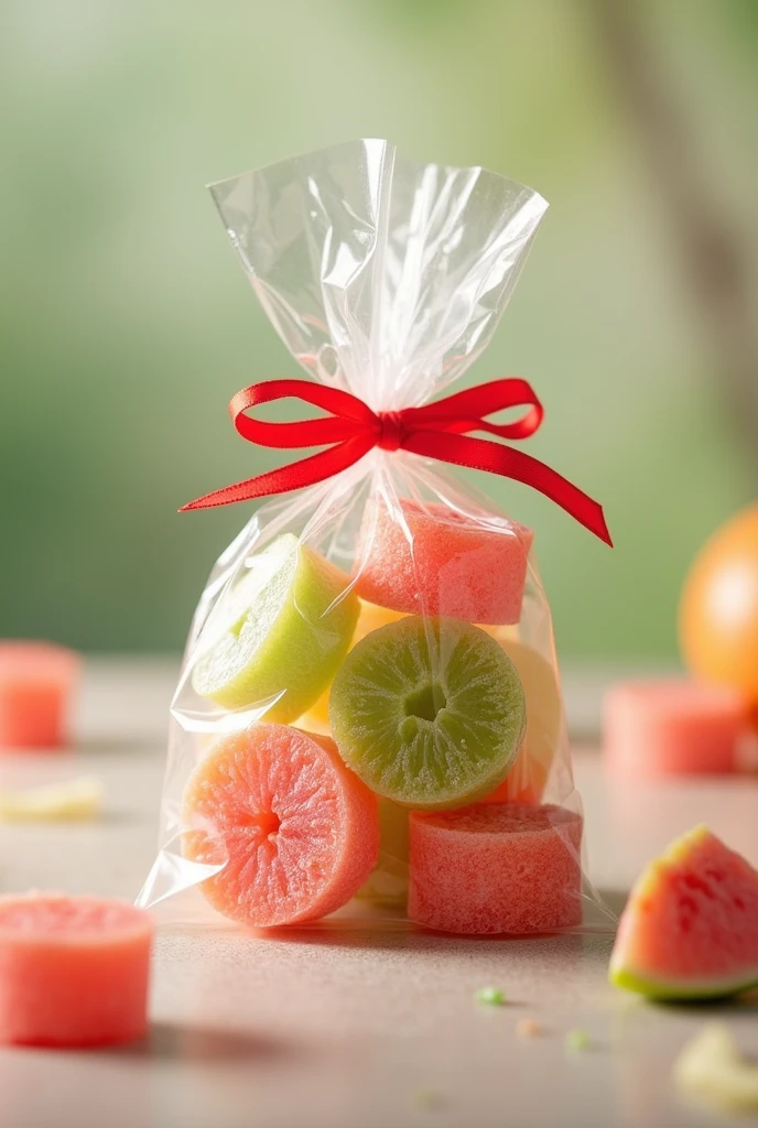 A bag of guava sweets in a plastic bag tied at the top with a red bow