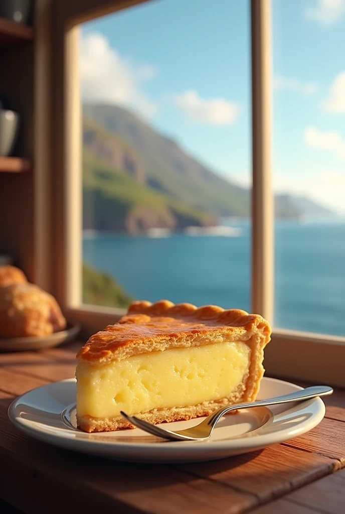 inside a bakery store, a slice of Scottish butter pie, on top of a wooden table, looking out to sea.
