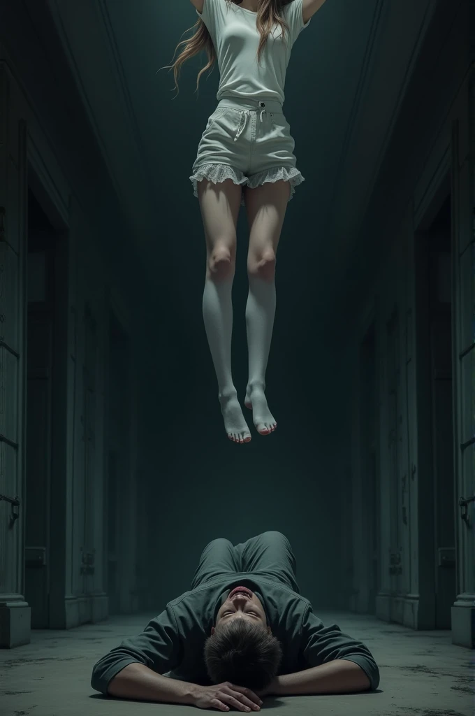 Scene of female student wearing white thigh high socks hanging herself to death ,hovering in the air , a man sitting on the ground in panic 