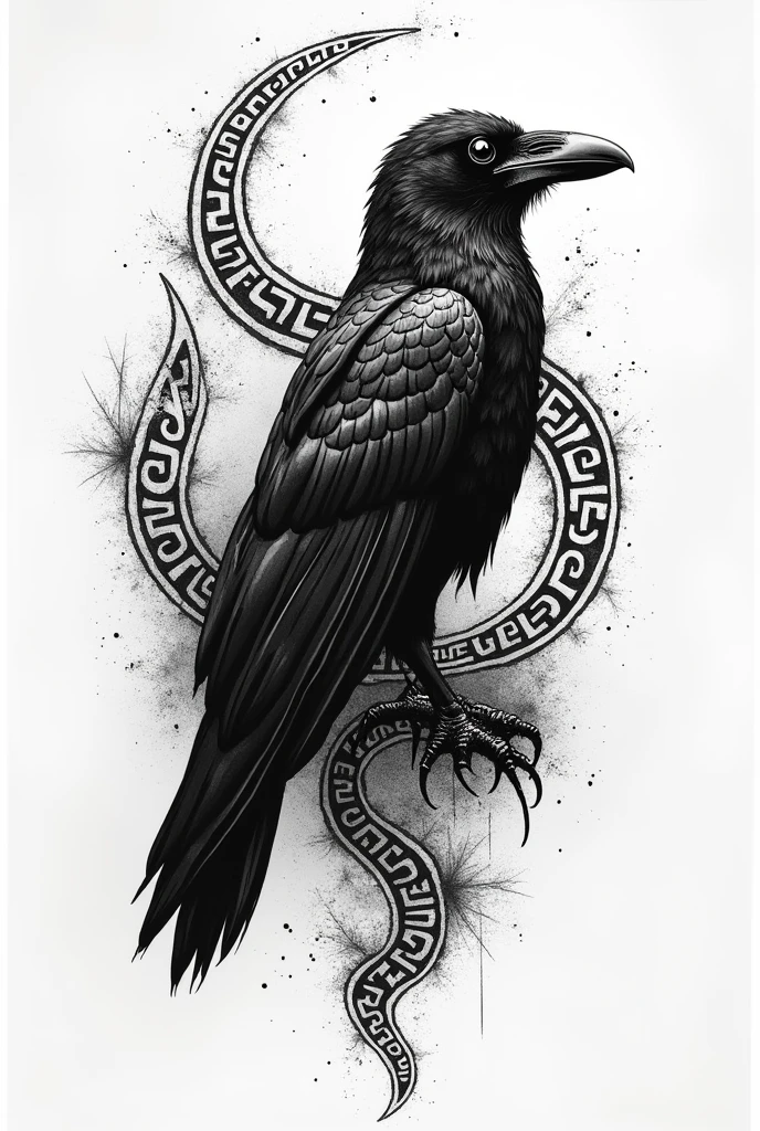 Create a black and white pointillism tattoo of a Viking metaphor with a raven and runes