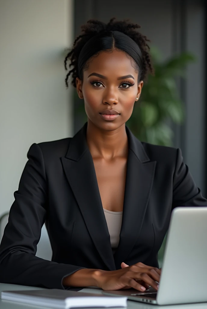 Beautiful black skin lady wearing suit sitting in the studio looking straight to the camera with laptop in front of her