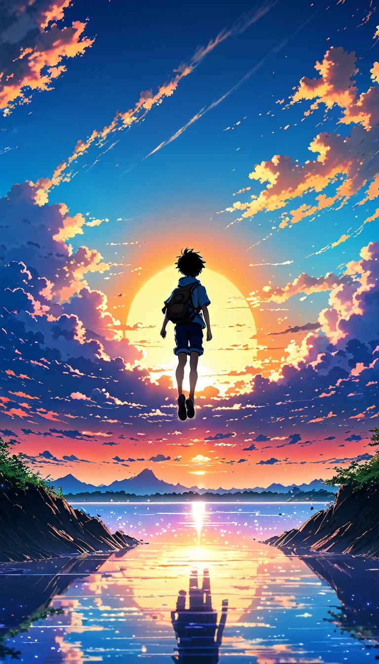 Anime landscape of The image shows a boy jumping into the void, at sunset, seen from afar, a beautiful colorful anime scene, seen from afar, a beautiful anime peace scene, Makoto Shinkai Cyril Rolando, a beautiful scene of anime, amazing wallpaper, anime art wallpaper 8k, anime background, anime art background, anime wallpaper 4k, anime art 4k wallpaper, anime art 4k wallpaper,