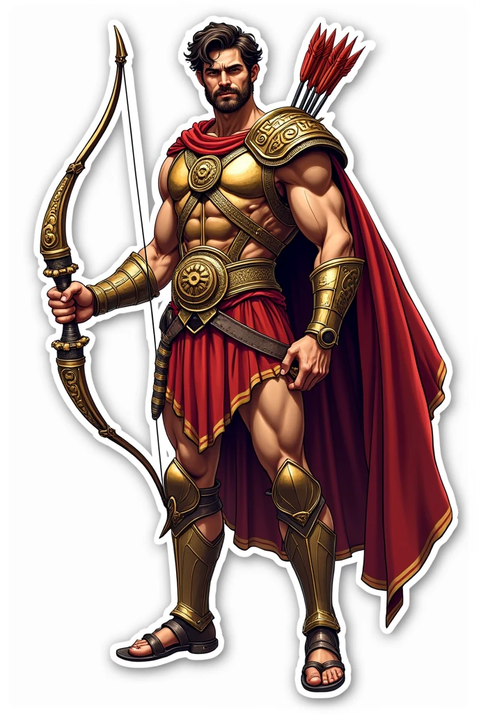 Apollo the god of sun wearing an armour and holding a bow and arrow and a lyre. Make him facing in front and his face a little fierce. No background, with bold outline, and sticker style. Make it just a half body. Make him holding the bow in his right hand, the lyre in his left hand, and the arrows at his back. Make the details a little simpler. Make him look like more "godlike" and wearing a cape. Where is the harp?