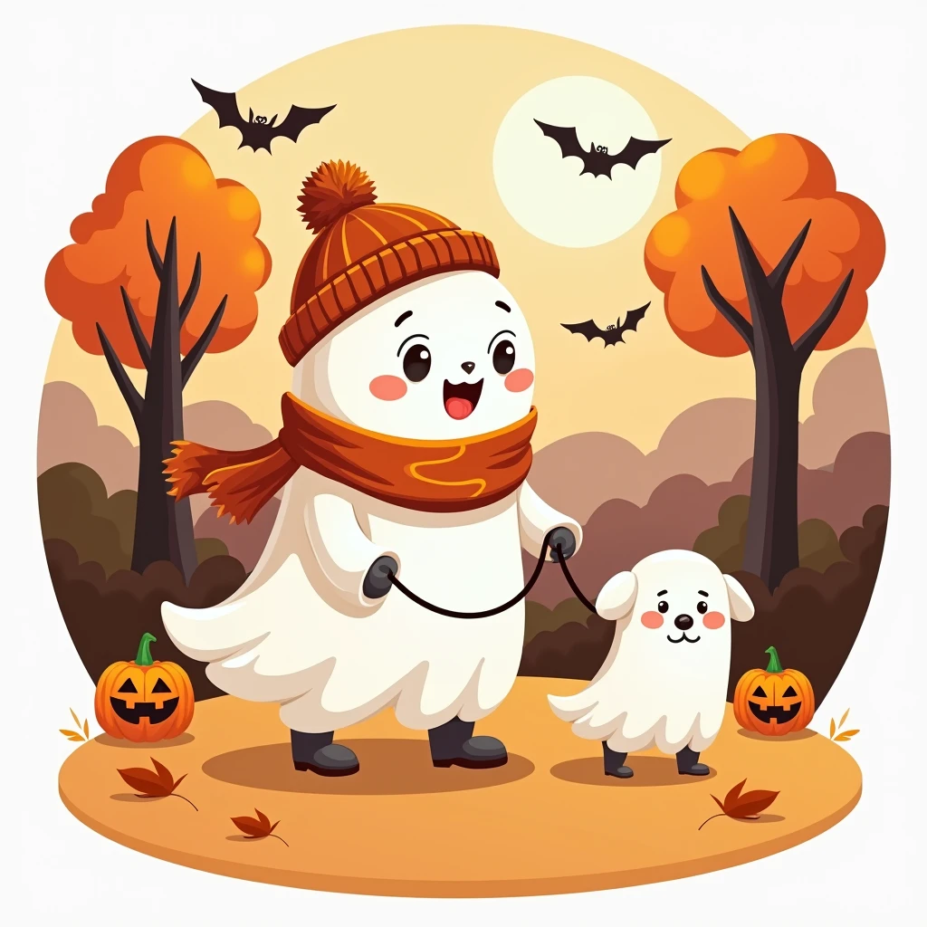 "Member badge. Theme: Cute Halloween, featuring a charming ghost wearing a warm hat and scarf, walking a tiny ghost dog on a leash through an autumn park. Leave a blank space for the name or insignia."