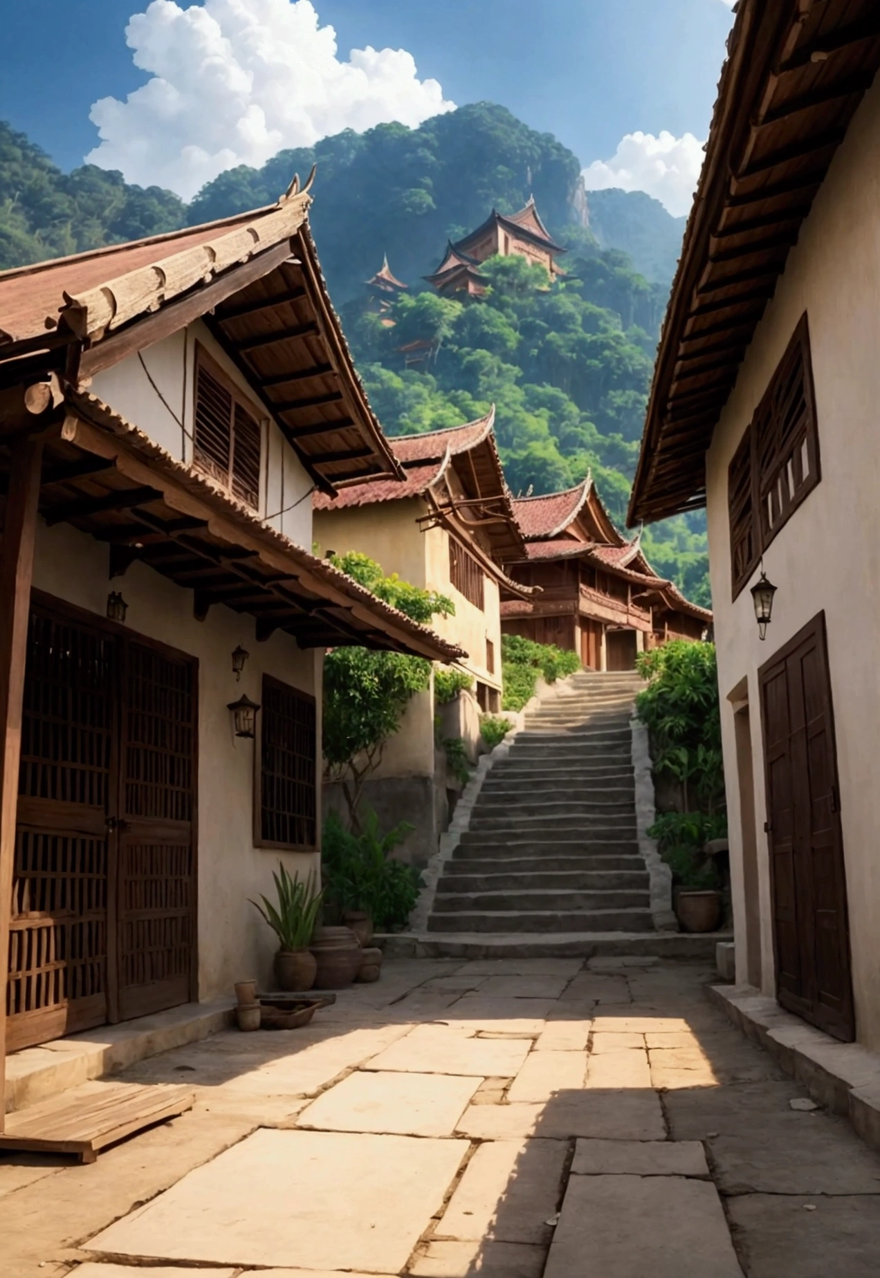 A stunning, photorealistic image malay village scene background. The overall composition is captured from a low angle, giving a cinematic feel to the scene. casting beautiful morning shadows and highlighting the clean, cinematic, photo